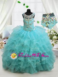 Lovely Ruffled Floor Length Aqua Blue Pageant Gowns For Girls Scoop Sleeveless Lace Up