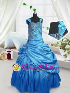 Dazzling Straps Sleeveless Child Pageant Dress Floor Length Beading and Pick Ups Aqua Blue Satin