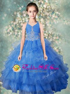 Pretty Halter Top Baby Blue Zipper Kids Formal Wear Beading and Ruffled Layers Sleeveless Floor Length