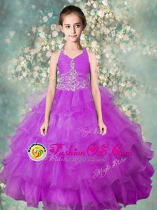 Excellent Halter Top Lavender Zipper Pageant Gowns For Girls Beading and Ruffled Layers Sleeveless Floor Length