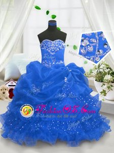 Blue Ball Gowns Organza Sweetheart Sleeveless Beading and Ruffled Layers and Pick Ups Floor Length Lace Up Child Pageant Dress