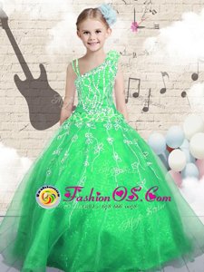 Sleeveless Floor Length Beading and Appliques and Hand Made Flower Lace Up Kids Pageant Dress with Green