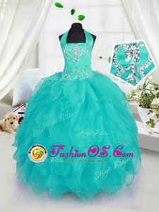Custom Design Halter Top Aqua Blue Sleeveless Beading Floor Length Girls Pageant Dresses