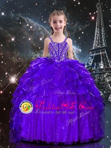 High Class Dark Purple Pageant Gowns For Girls Party and Wedding Party and For with Beading and Ruffles Spaghetti Straps Sleeveless Lace Up