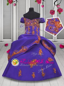Off the Shoulder Purple Satin Lace Up Little Girl Pageant Gowns Sleeveless Floor Length Beading and Appliques