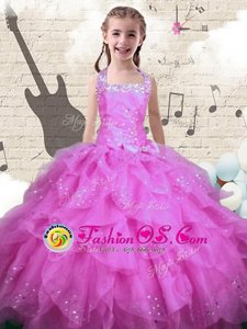Perfect Ball Gowns Little Girls Pageant Dress Rose Pink Halter Top Organza Sleeveless Floor Length Lace Up