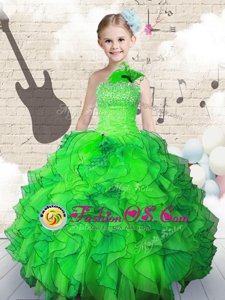 Floor Length Green Flower Girl Dresses Organza Sleeveless Beading and Ruffles