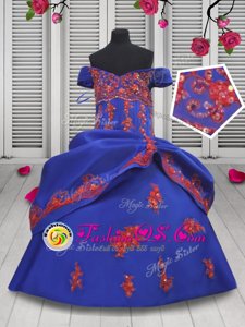 Royal Blue Satin Lace Up Off The Shoulder Sleeveless Floor Length Little Girl Pageant Gowns Beading and Appliques