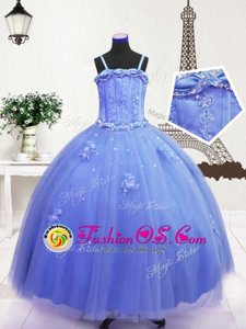 Blue Sleeveless Floor Length Beading and Hand Made Flower Zipper Kids Formal Wear