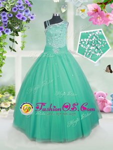 Floor Length Aqua Blue Pageant Gowns For Girls Tulle Sleeveless Beading