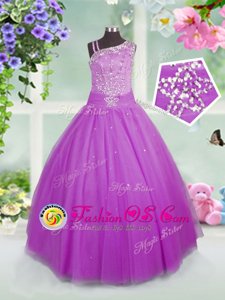 Affordable Lilac Ball Gowns Asymmetric Sleeveless Tulle Floor Length Lace Up Beading Little Girls Pageant Dress Wholesale