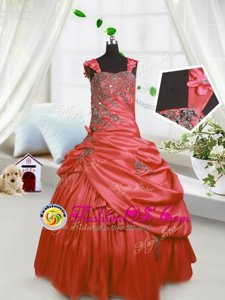 Low Price Floor Length Watermelon Red Little Girl Pageant Dress Satin Sleeveless Beading and Pick Ups