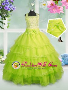 Apple Green Sleeveless Floor Length Beading and Ruffled Layers Zipper Little Girl Pageant Gowns