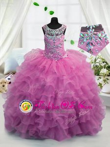 Graceful Scoop Beading and Ruffled Layers Little Girl Pageant Dress Fuchsia Lace Up Sleeveless Floor Length