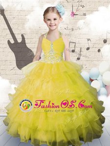 Popular Halter Top Yellow Green Ball Gowns Beading and Ruffled Layers Little Girls Pageant Dress Lace Up Organza Sleeveless Floor Length