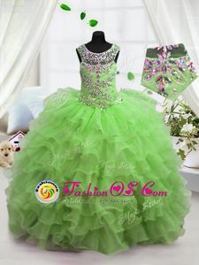 Amazing Organza Lace Up Scoop Sleeveless Floor Length Kids Formal Wear Beading and Ruffled Layers