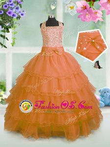Simple Ruffled Orange Sleeveless Organza Zipper Kids Formal Wear for Party and Wedding Party