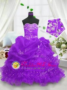 Sweetheart Sleeveless Child Pageant Dress Floor Length Beading and Ruffled Layers and Pick Ups Purple Organza