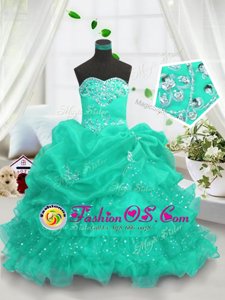 Turquoise Sleeveless Beading and Ruffled Layers and Pick Ups Floor Length Little Girl Pageant Gowns