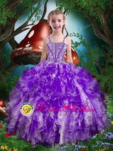 Lovely Eggplant Purple Sleeveless Beading and Ruffles Floor Length Kids Pageant Dress