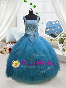 Aqua Blue Ball Gowns Straps Sleeveless Tulle Floor Length Lace Up Beading and Ruffles Little Girls Pageant Dress