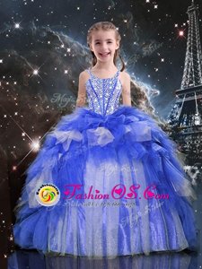 Spaghetti Straps Sleeveless Organza Child Pageant Dress Beading and Ruffles Lace Up