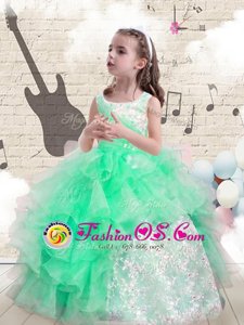 Popular Organza Scoop Sleeveless Lace Up Beading and Ruffles Kids Pageant Dress in Apple Green