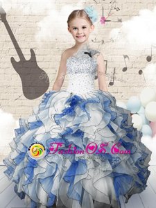 Fantastic Ball Gowns Little Girls Pageant Dress Blue And White One Shoulder Organza Sleeveless Floor Length Lace Up