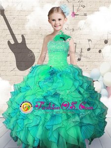 Ball Gowns Kids Pageant Dress Turquoise One Shoulder Organza Sleeveless Floor Length Lace Up