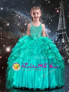 Aqua Blue Organza Lace Up Little Girl Pageant Dress Sleeveless Floor Length Beading and Ruffles