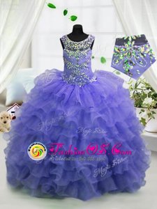 Latest Lavender Organza Lace Up Scoop Sleeveless Floor Length Little Girl Pageant Dress Beading and Ruffled Layers