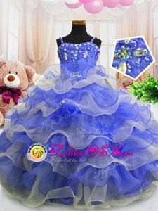 Pick Ups Floor Length Royal Blue Kids Pageant Dress Straps Sleeveless Zipper