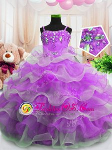 Purple Spaghetti Straps Zipper Beading and Ruffled Layers Girls Pageant Dresses Sleeveless