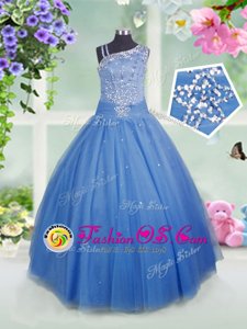 Floor Length Baby Blue Child Pageant Dress Tulle Sleeveless Beading