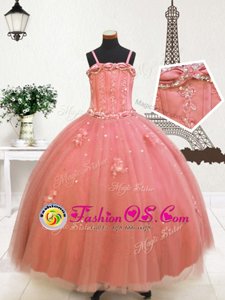 Watermelon Red Tulle Zipper Spaghetti Straps Sleeveless Floor Length Pageant Gowns For Girls Beading and Appliques