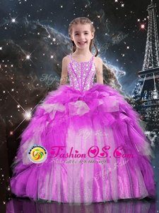 One Shoulder Fuchsia Ball Gowns Beading and Ruffled Layers Little Girl Pageant Gowns Lace Up Tulle Sleeveless Floor Length