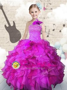 Customized One Shoulder Organza Sleeveless Floor Length Pageant Gowns For Girls and Beading and Ruffles