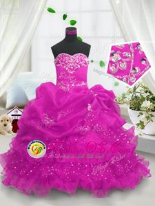 Top Selling Pick Ups Ruffled Floor Length Ball Gowns Sleeveless Fuchsia Child Pageant Dress Lace Up