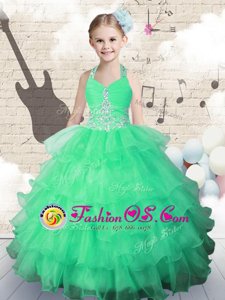 Affordable Green Lace Up Halter Top Beading and Ruffled Layers Little Girl Pageant Dress Organza Sleeveless