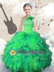 Dazzling Green Ball Gowns One Shoulder Sleeveless Organza Floor Length Lace Up Beading and Ruffles Child Pageant Dress