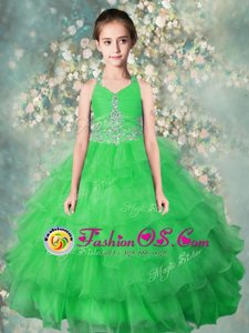 Attractive Ruffled Floor Length Green Little Girls Pageant Dress Wholesale Halter Top Sleeveless Zipper