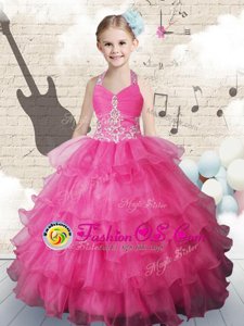Custom Made Halter Top Floor Length Lavender Little Girls Pageant Dress Organza Sleeveless Beading and Ruffled Layers