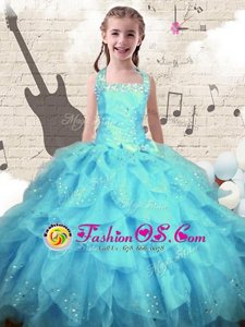 Floor Length Aqua Blue Girls Pageant Dresses Halter Top Sleeveless Lace Up