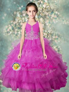 Cheap Fuchsia Zipper Halter Top Beading and Ruffled Layers Little Girl Pageant Dress Organza Sleeveless