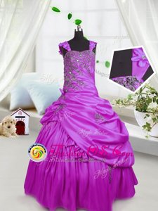 Fuchsia Ball Gowns Straps Sleeveless Satin Floor Length Lace Up Beading and Pick Ups Little Girls Pageant Dress Wholesale
