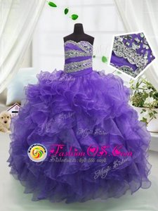 Admirable Sleeveless Organza Floor Length Lace Up Child Pageant Dress in Eggplant Purple for with Beading and Ruffles
