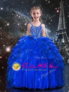 Floor Length Royal Blue Little Girl Pageant Dress Spaghetti Straps Sleeveless Lace Up