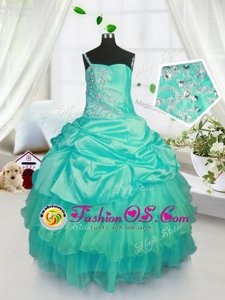 Latest Turquoise Strapless Neckline Beading and Ruffled Layers and Pick Ups Little Girls Pageant Gowns Sleeveless Lace Up