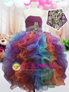 Best Multi-color Organza Zipper Kids Formal Wear Sleeveless Floor Length Beading and Ruffles