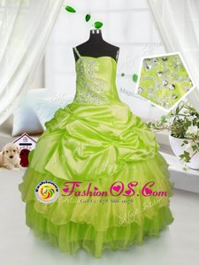 Yellow Green One Shoulder Neckline Beading and Ruffled Layers and Pick Ups Little Girl Pageant Dress Sleeveless Lace Up